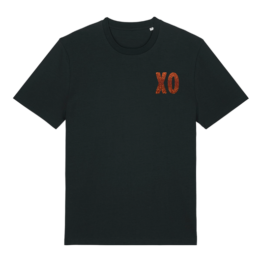 Black t-shirt with XO logo printed in glittery orange on chest and patterned print with orange glitter overlay on back, bold graphic design