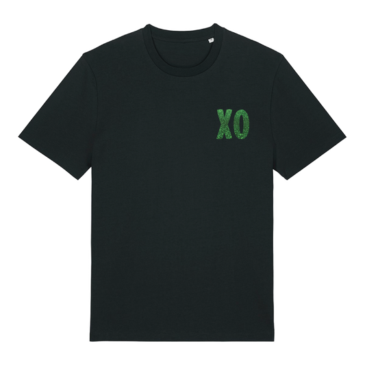Black t-shirt with XO logo printed in glittery green on chest and patterned print with green glitter overlay on back, bold graphic design