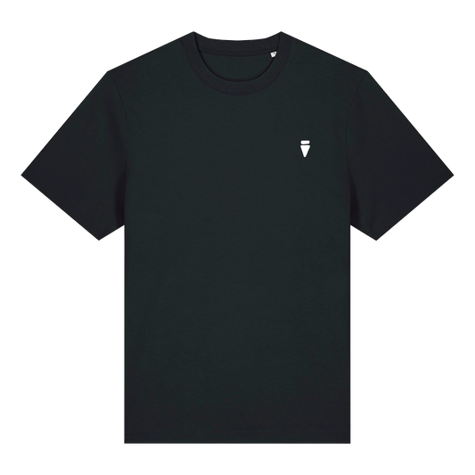 Black reflective t-shirt with multicolor abstract prism artwork on back with white reflective solar detail + glow in the dark embroidery on the front , part of Vybz X THC collab