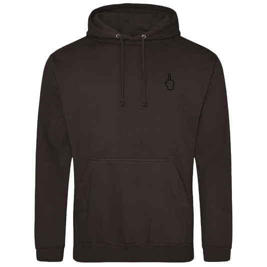 black unisex hoodie with subtle small middle finger emoji on chest, minimalist and bold expression piece in a black gloss finish