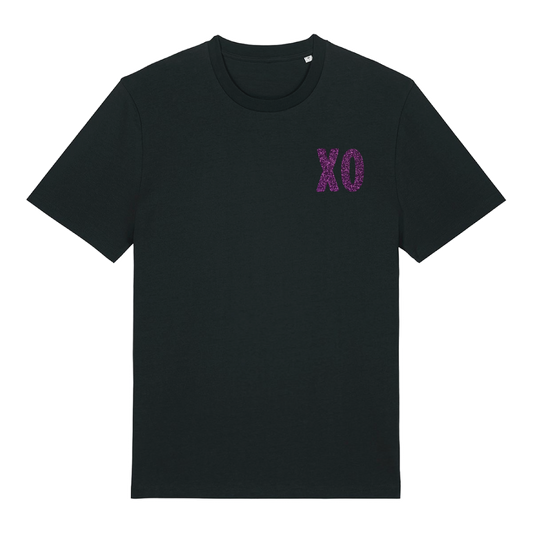 Black t-shirt with sparkly purple XO chest logo and matching geometric back print overlaid over a print, playful glitter finish