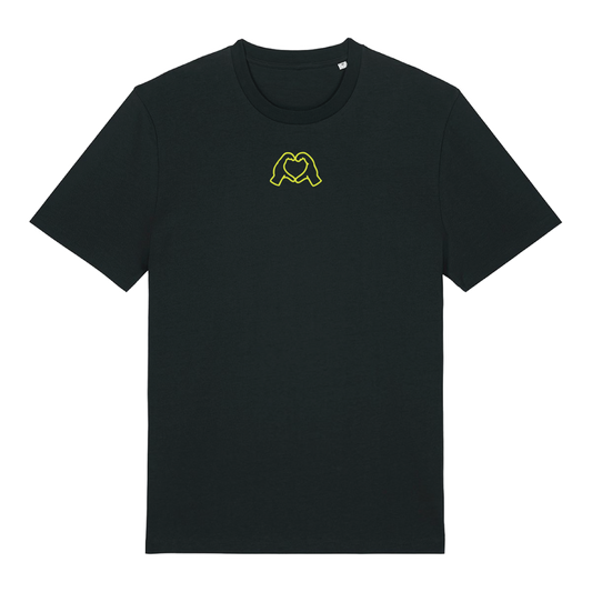 Black t-shirt with neon hand graphics in heart shapes symbolising Millennial identity, soft cotton, gender-neutral design in neon Yellow Puff