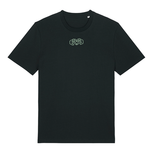 Black t-shirt with dual Gen Z line-art hand graphics with a glow in the dark front embroidery & Rainbow foil back, soft cotton unisex fit