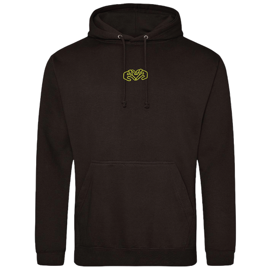 Black hoodie with bright Gen Z inspired hand design, minimalist front logo, with Neon yellow puff print