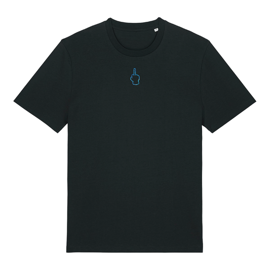 Black unisex t-shirt featuring neon line-art middle finger graphic, short sleeve, part of the Generational Love series, blue glitter puff print