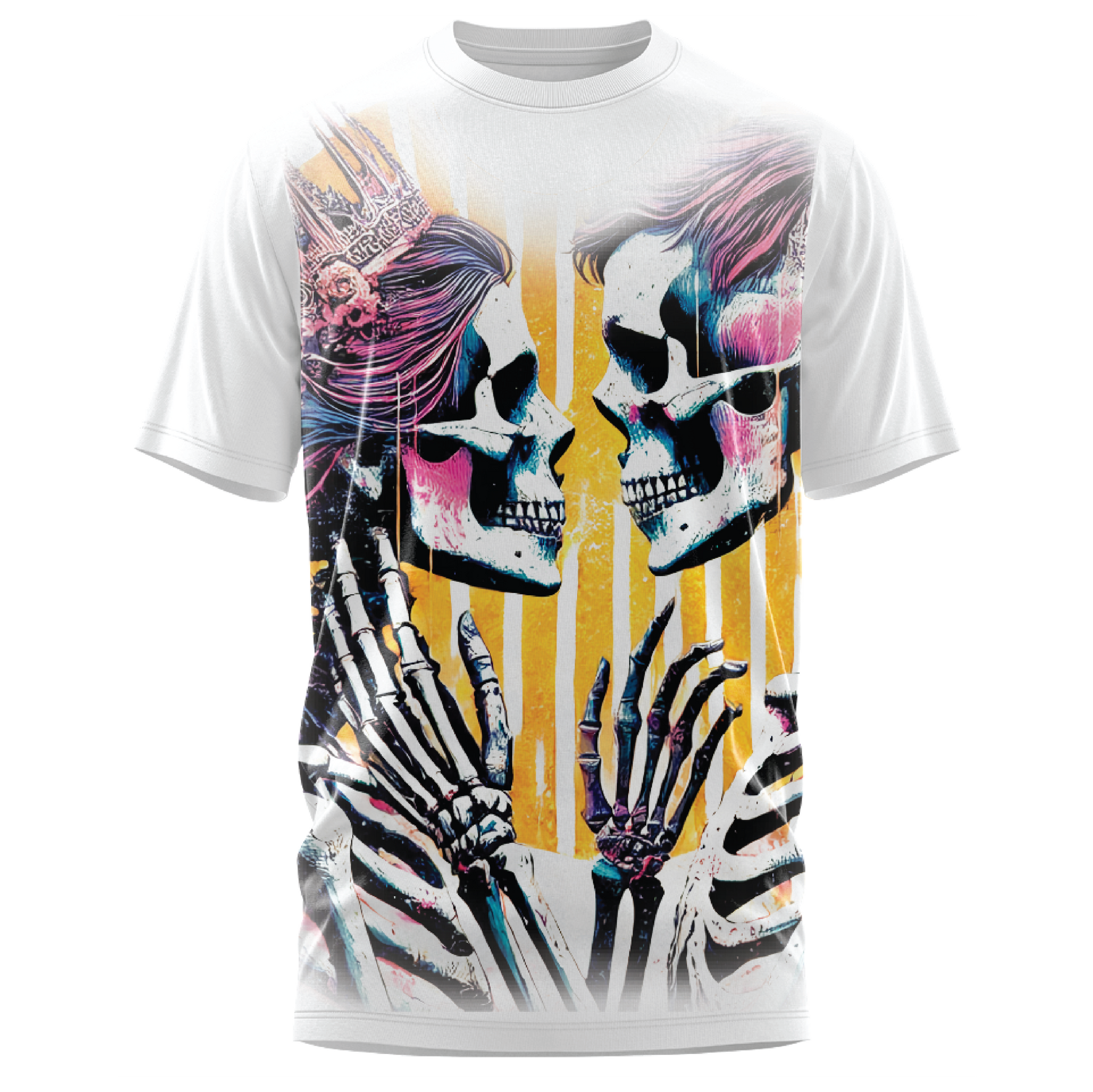 White T-shirt With Oversize Print of skeletons in love