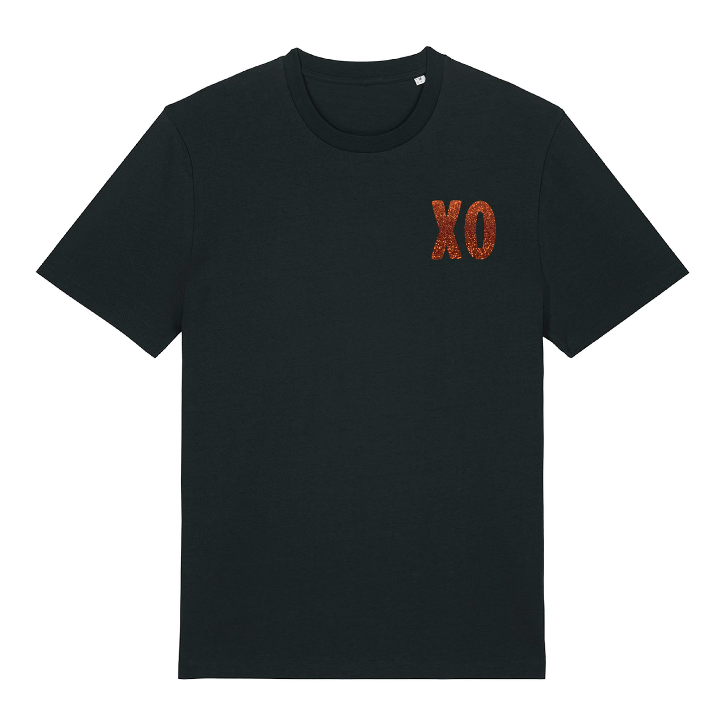Black t-shirt with XO logo printed in glittery orange on chest and patterned print with orange glitter overlay on back, bold graphic design