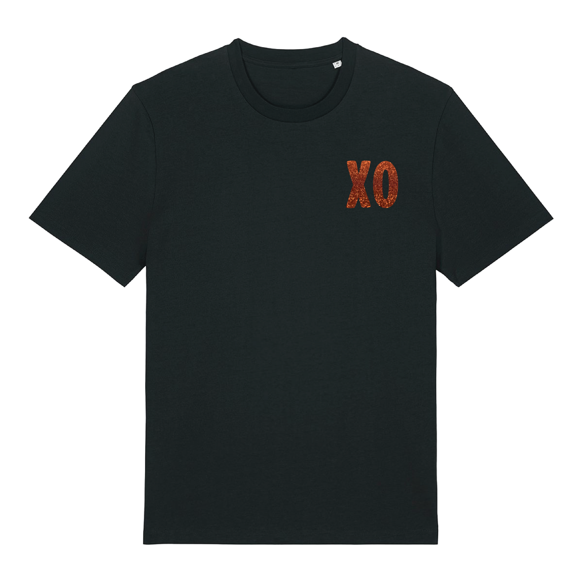 Black t-shirt with XO logo printed in glittery orange on chest and patterned print with orange glitter overlay on back, bold graphic design