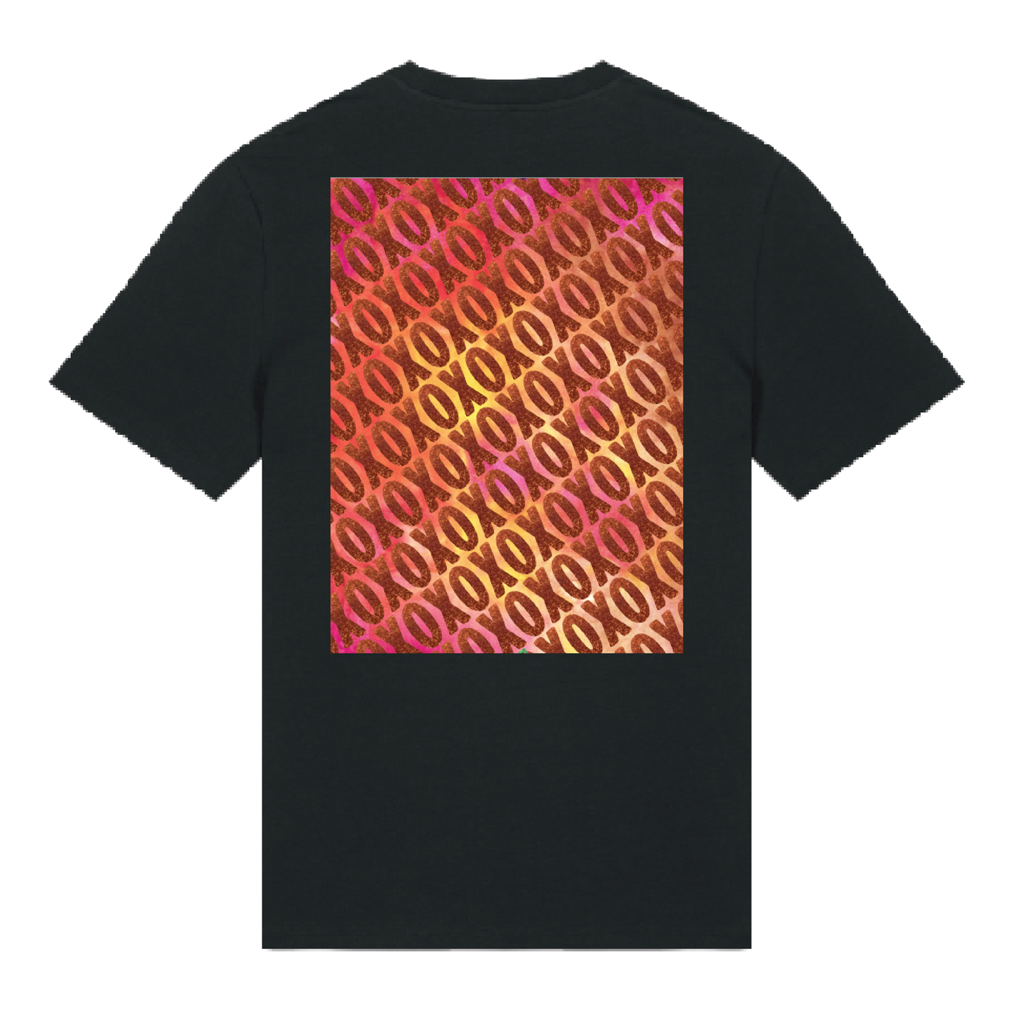 Black t-shirt with XO logo printed in glittery orange on chest and patterned print with orange glitter overlay on back, bold graphic design