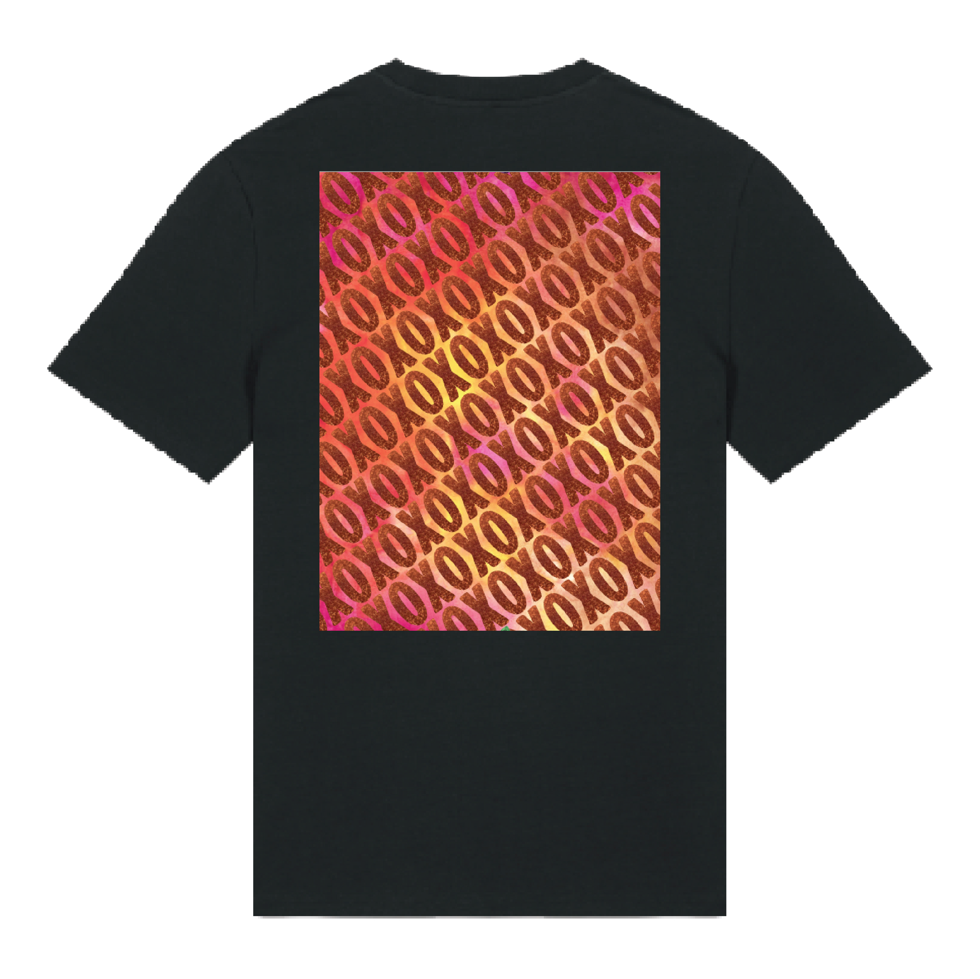 Black t-shirt with XO logo printed in glittery orange on chest and patterned print with orange glitter overlay on back, bold graphic design