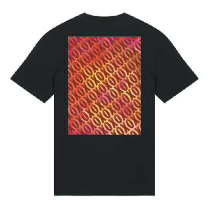 Black t-shirt with XO logo printed in glittery orange on chest and patterned print with orange glitter overlay on back, bold graphic design