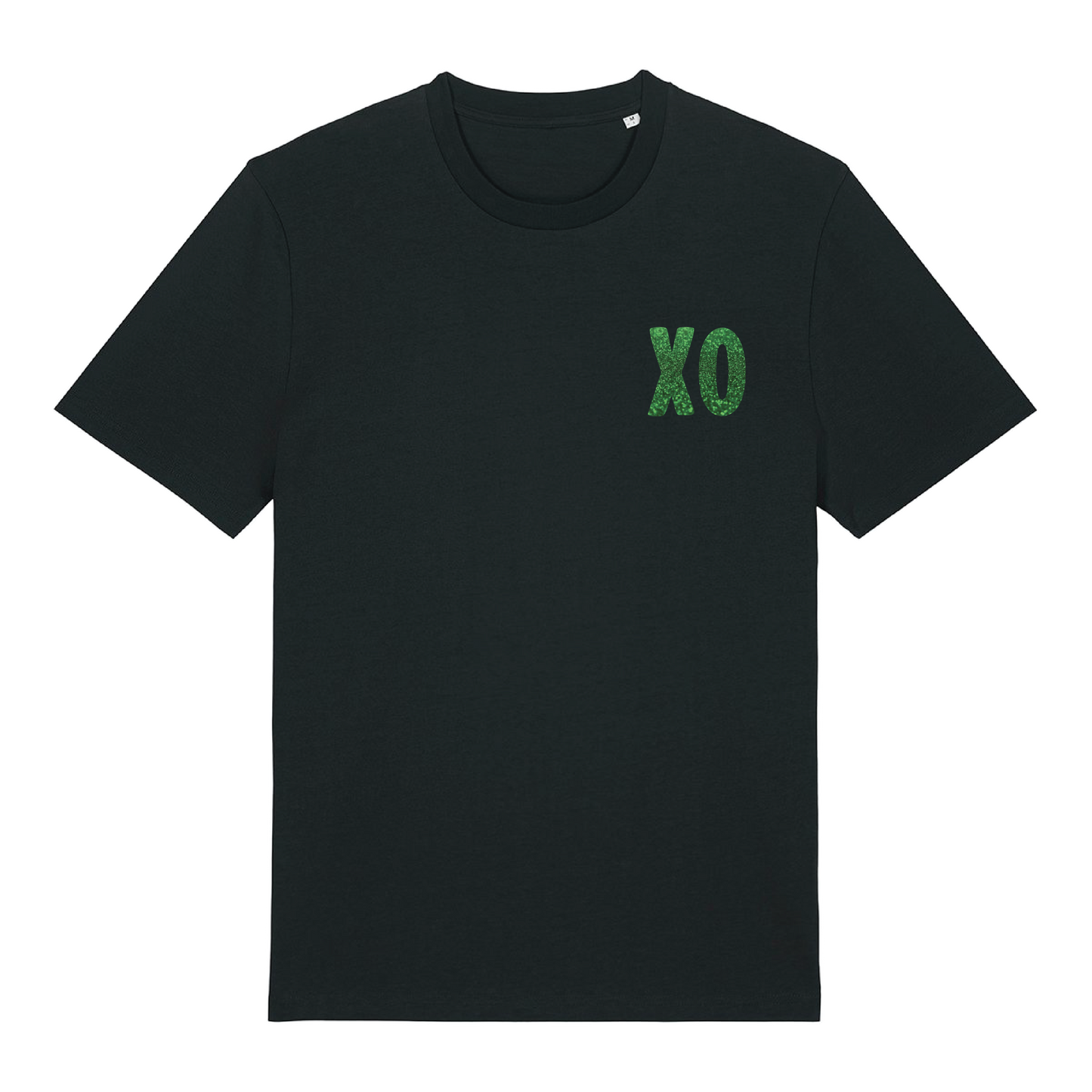 Black t-shirt with XO logo printed in glittery green on chest and patterned print with green glitter overlay on back, bold graphic design