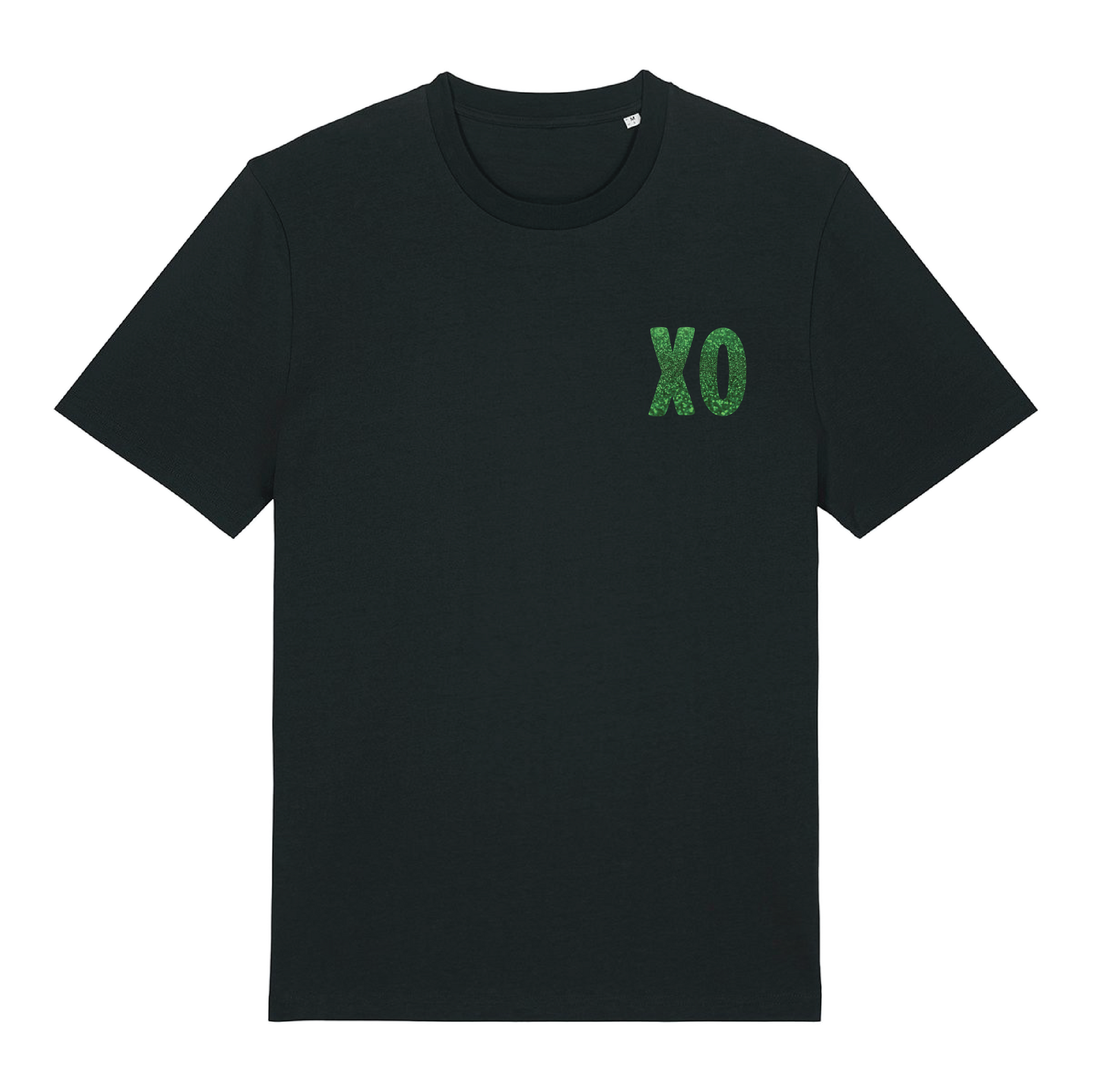 Black t-shirt with XO logo printed in glittery green on chest and patterned print with green glitter overlay on back, bold graphic design