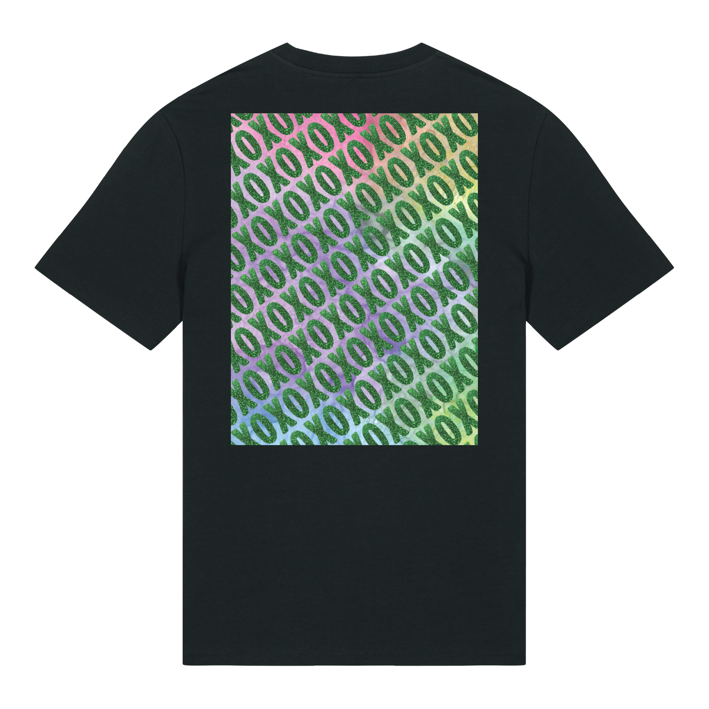 Black t-shirt with XO logo printed in glittery green on chest and patterned print with green glitter overlay on back, bold graphic design