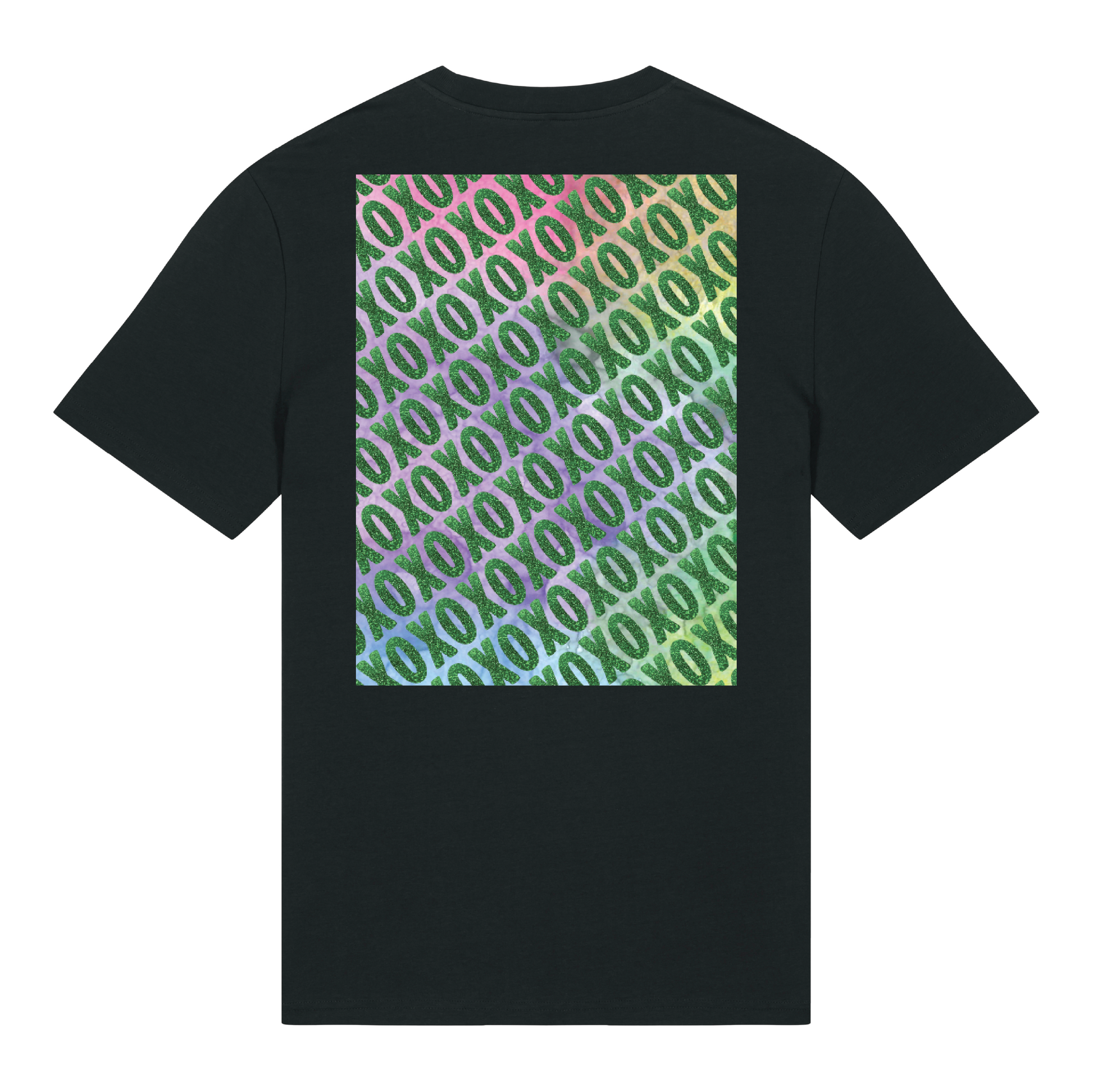 Black t-shirt with XO logo printed in glittery green on chest and patterned print with green glitter overlay on back, bold graphic design