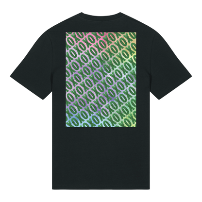 Black t-shirt with XO logo printed in glittery green on chest and patterned print with green glitter overlay on back, bold graphic design