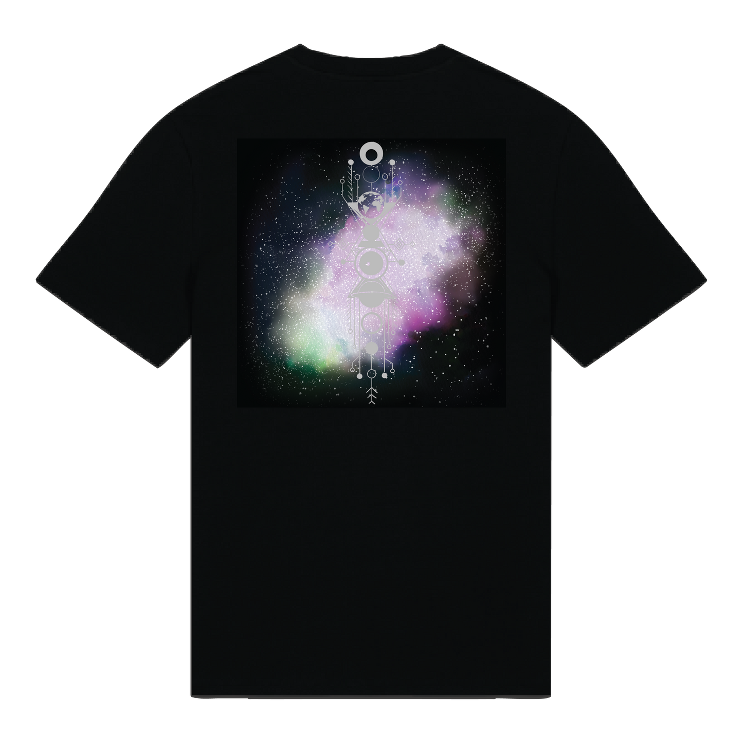 Black reflective t-shirt with multicolor Stella Whisper artwork on back with silver reflective solar detail + glow in the dark embroidery on the front , part of Vybz X THC collab