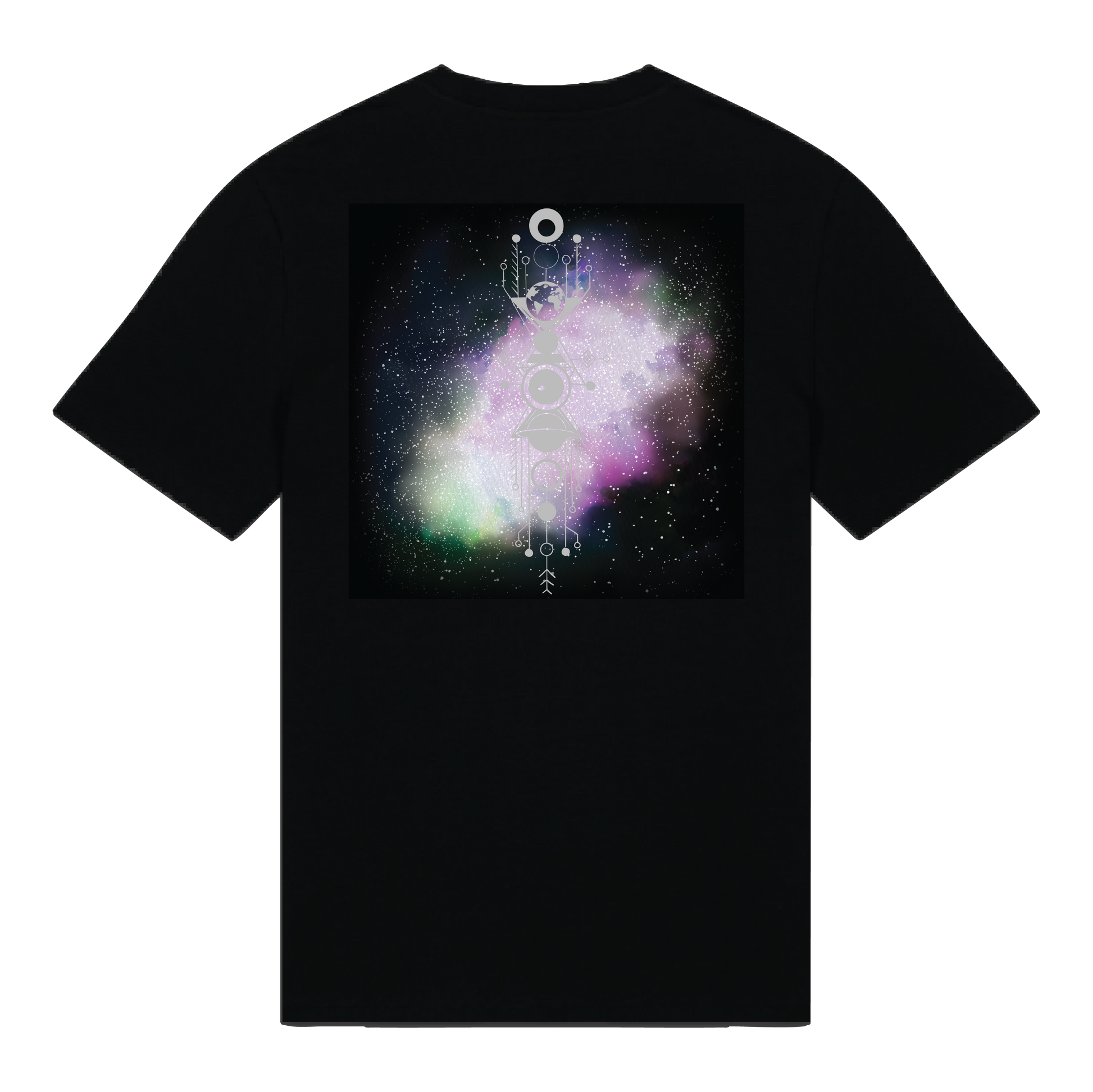 Black reflective t-shirt with multicolor Stella Whisper artwork on back with silver reflective solar detail + glow in the dark embroidery on the front , part of Vybz X THC collab