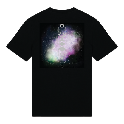 Black reflective t-shirt with multicolor Stella Whisper artwork on back with silver reflective solar detail + glow in the dark embroidery on the front , part of Vybz X THC collab