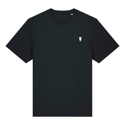 Black reflective t-shirt with multicolor abstract prism artwork on back with white reflective solar detail + glow in the dark embroidery on the front , part of Vybz X THC collab
