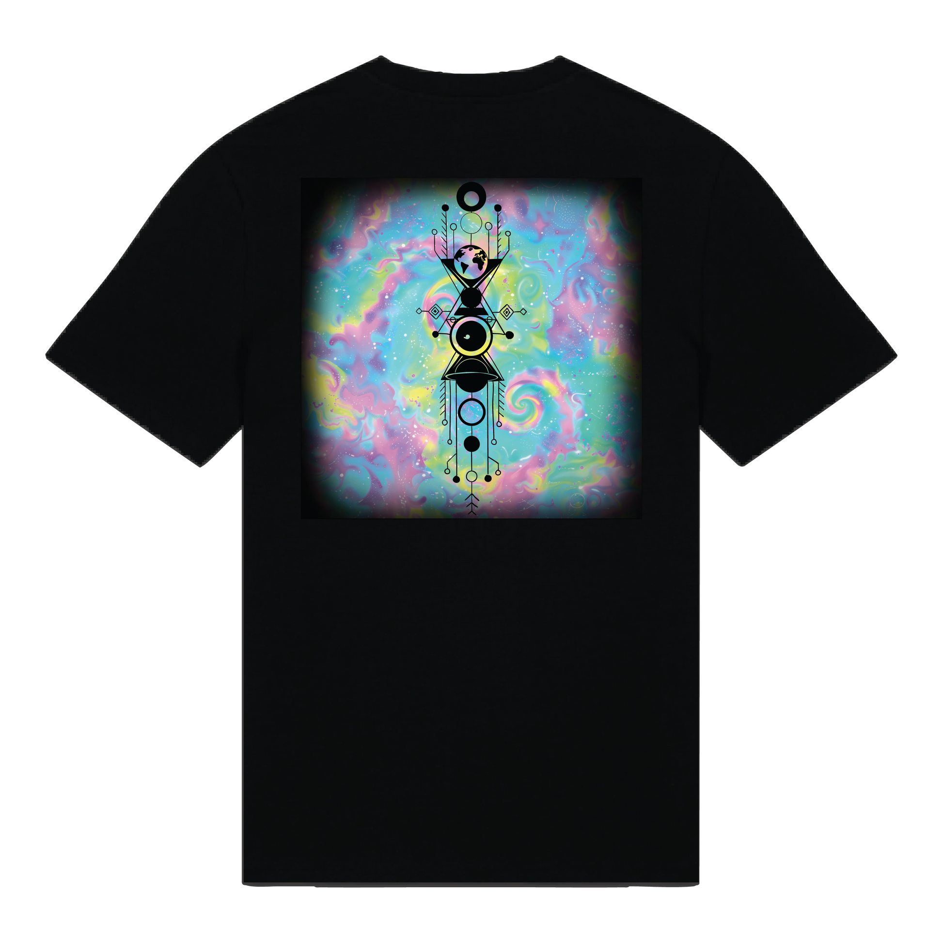 Black reflective t-shirt with multicolor Cosmic Carnival artwork on back with Black reflective solar detail + glow in the dark embroidery on the front , part of Vybz X THC collab