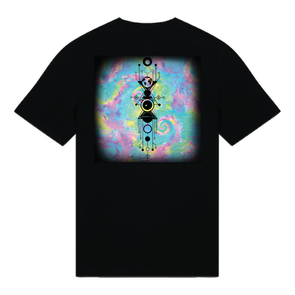 Black reflective t-shirt with multicolor Cosmic Carnival artwork on back with Black reflective solar detail + glow in the dark embroidery on the front , part of Vybz X THC collab