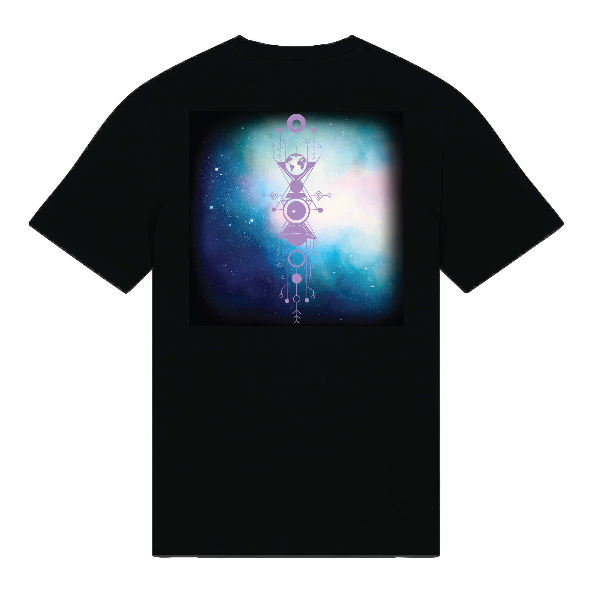 Black reflective t-shirt with multicolor Celestial Serenity artwork on back with Lavender reflective solar detail + glow in the dark embroidery on the front , part of Vybz X THC collab