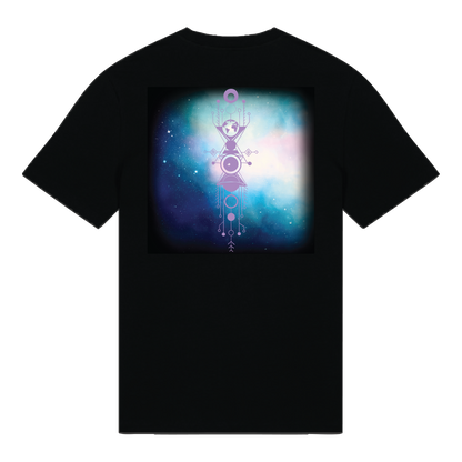 Black reflective t-shirt with multicolor Celestial Serenity artwork on back with Lavender reflective solar detail + glow in the dark embroidery on the front , part of Vybz X THC collab