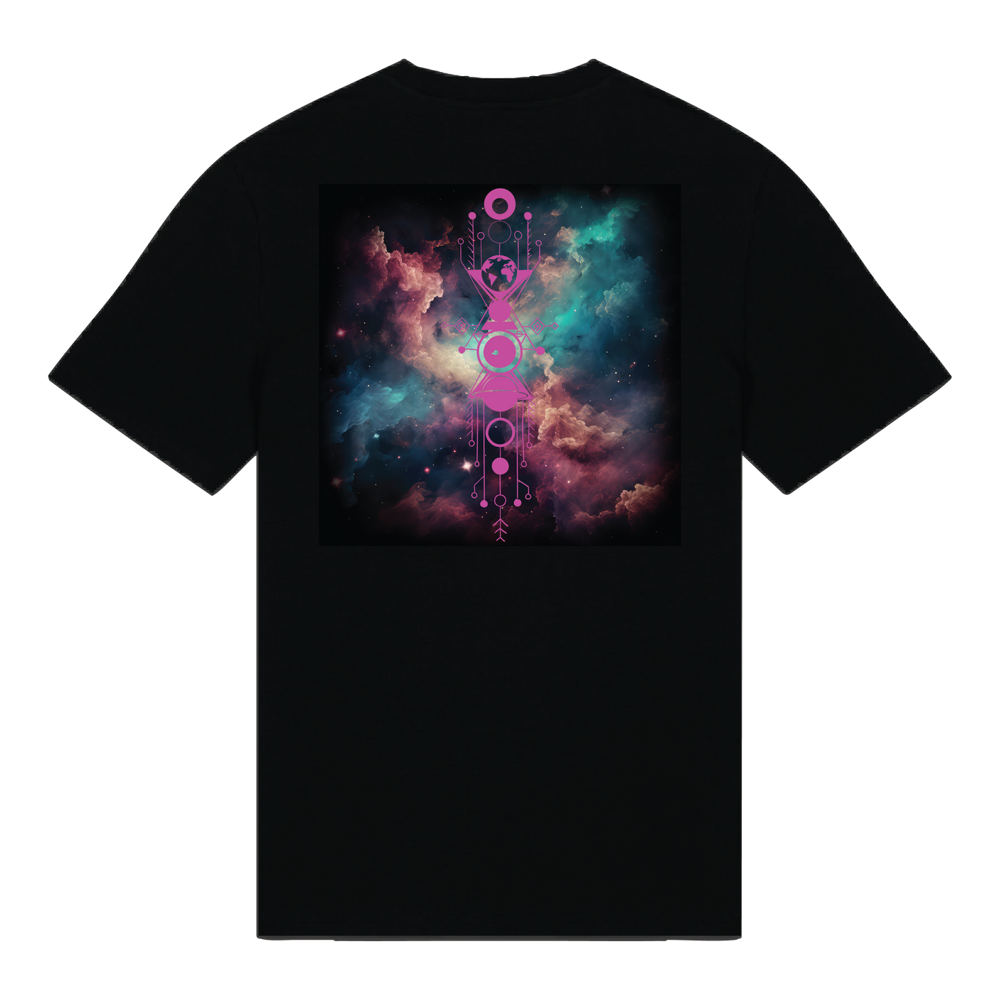 Black reflective t-shirt with multicolor Nebula Pulse artwork on back with Magenta reflective solar detail + glow in the dark embroidery on the front , part of Vybz X THC collab