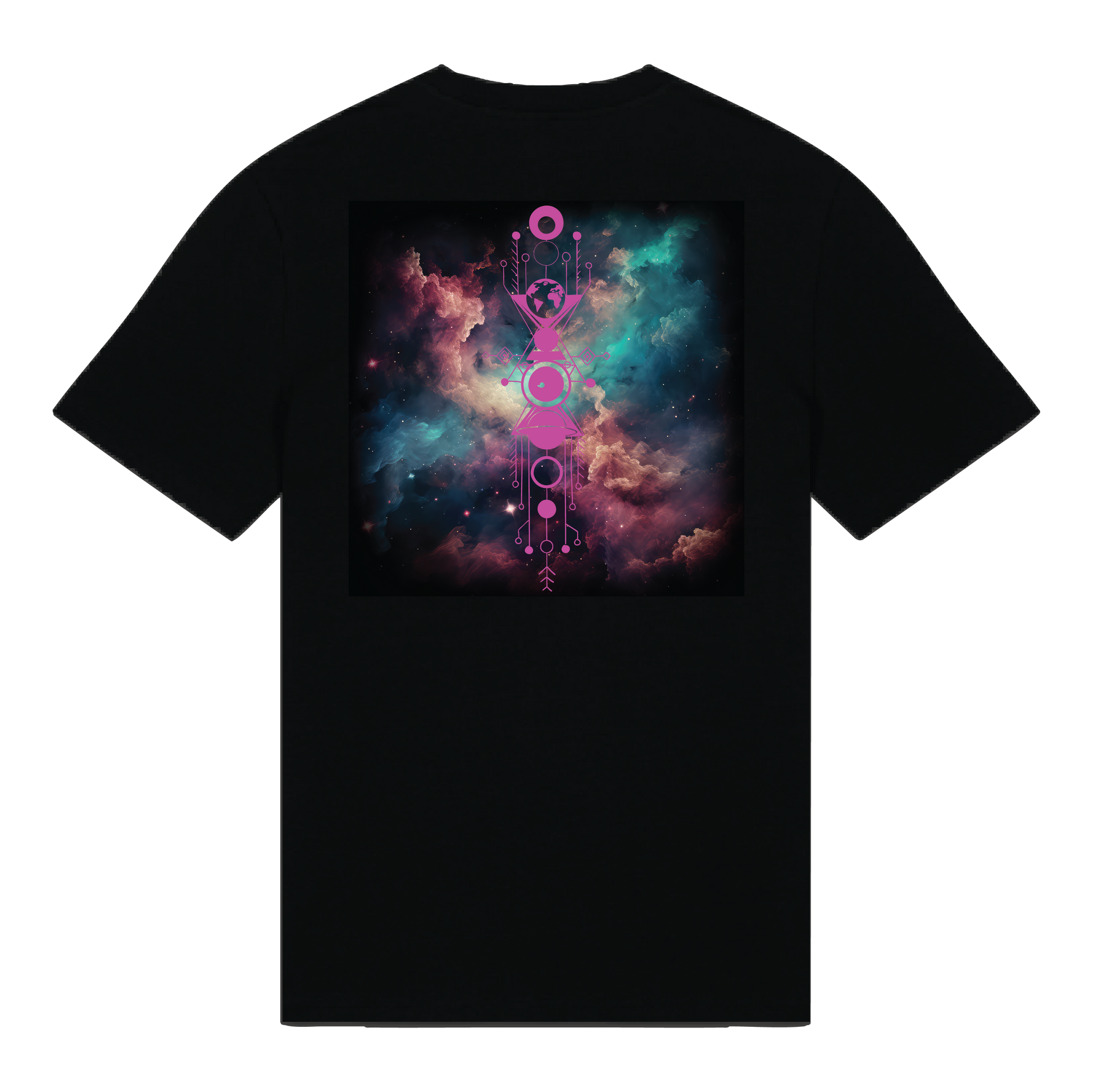 Black reflective t-shirt with multicolor Nebula Pulse artwork on back with Magenta reflective solar detail + glow in the dark embroidery on the front , part of Vybz X THC collab