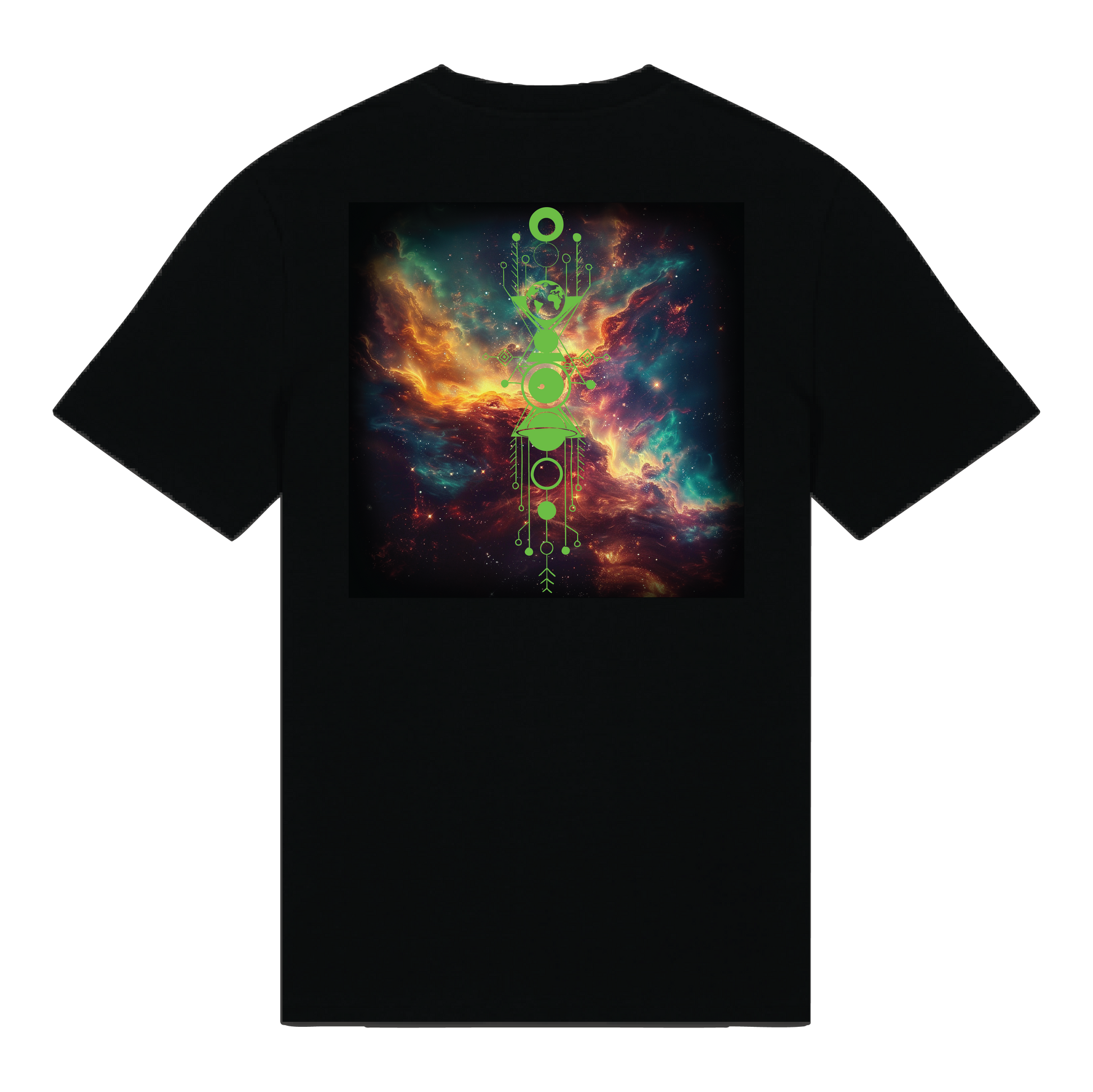 Black reflective t-shirt with multicolor Solar Bloom artwork on back with Lime reflective solar detail + glow in the dark embroidery on the front , part of Vybz X THC collab