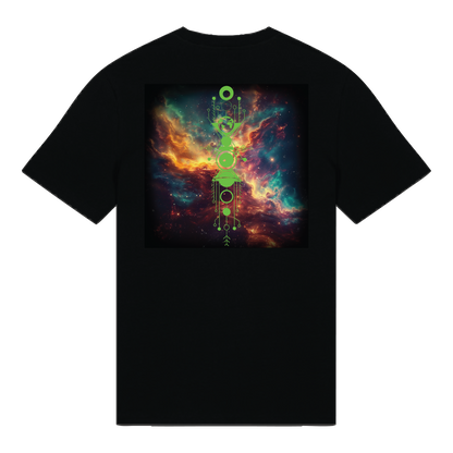 Black reflective t-shirt with multicolor Solar Bloom artwork on back with Lime reflective solar detail + glow in the dark embroidery on the front , part of Vybz X THC collab