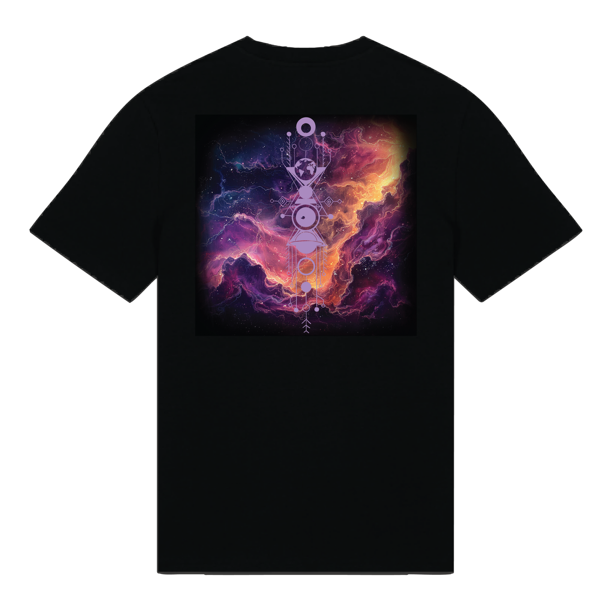 Black reflective t-shirt with multicolor Nebula Blaze artwork on back with Lavender reflective solar detail + glow in the dark embroidery on the front , part of Vybz X THC collab