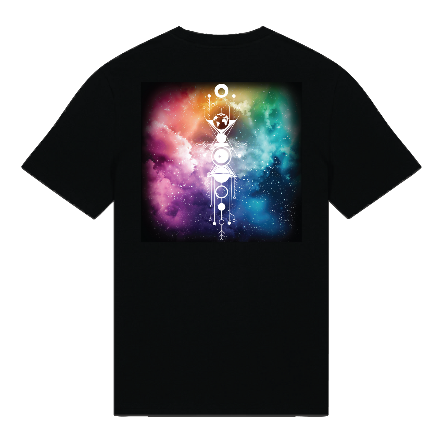 Black reflective t-shirt with multicolor abstract prism artwork on back with white reflective solar detail + glow in the dark embroidery on the front , part of Vybz X THC collab