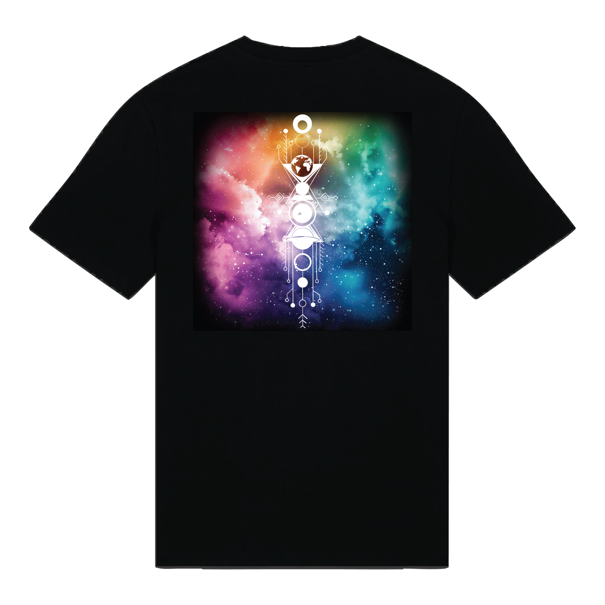Black reflective t-shirt with multicolor abstract prism artwork on back with white reflective solar detail + glow in the dark embroidery on the front , part of Vybz X THC collab