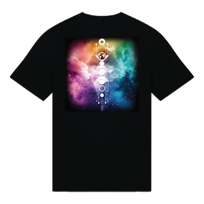 Black reflective t-shirt with multicolor abstract prism artwork on back with white reflective solar detail + glow in the dark embroidery on the front , part of Vybz X THC collab
