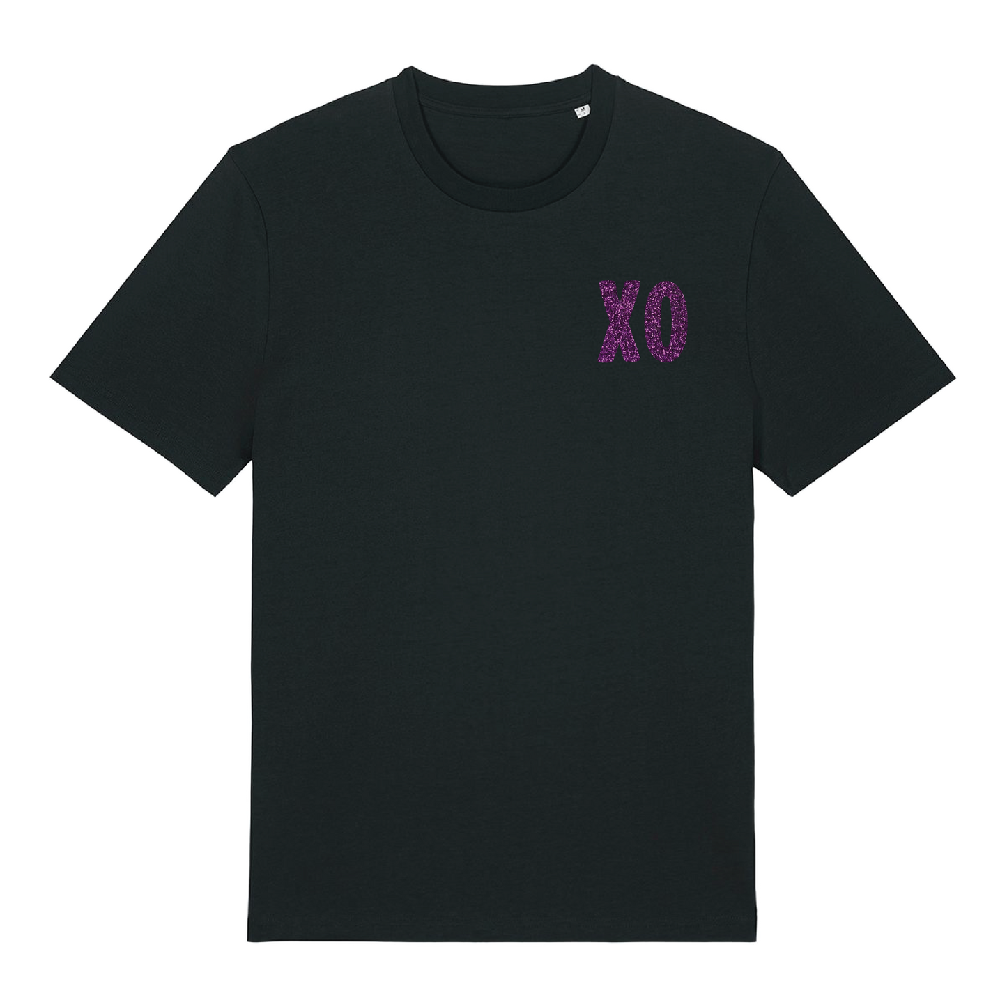 Black t-shirt with sparkly purple XO chest logo and matching geometric back print overlaid over a print, playful glitter finish