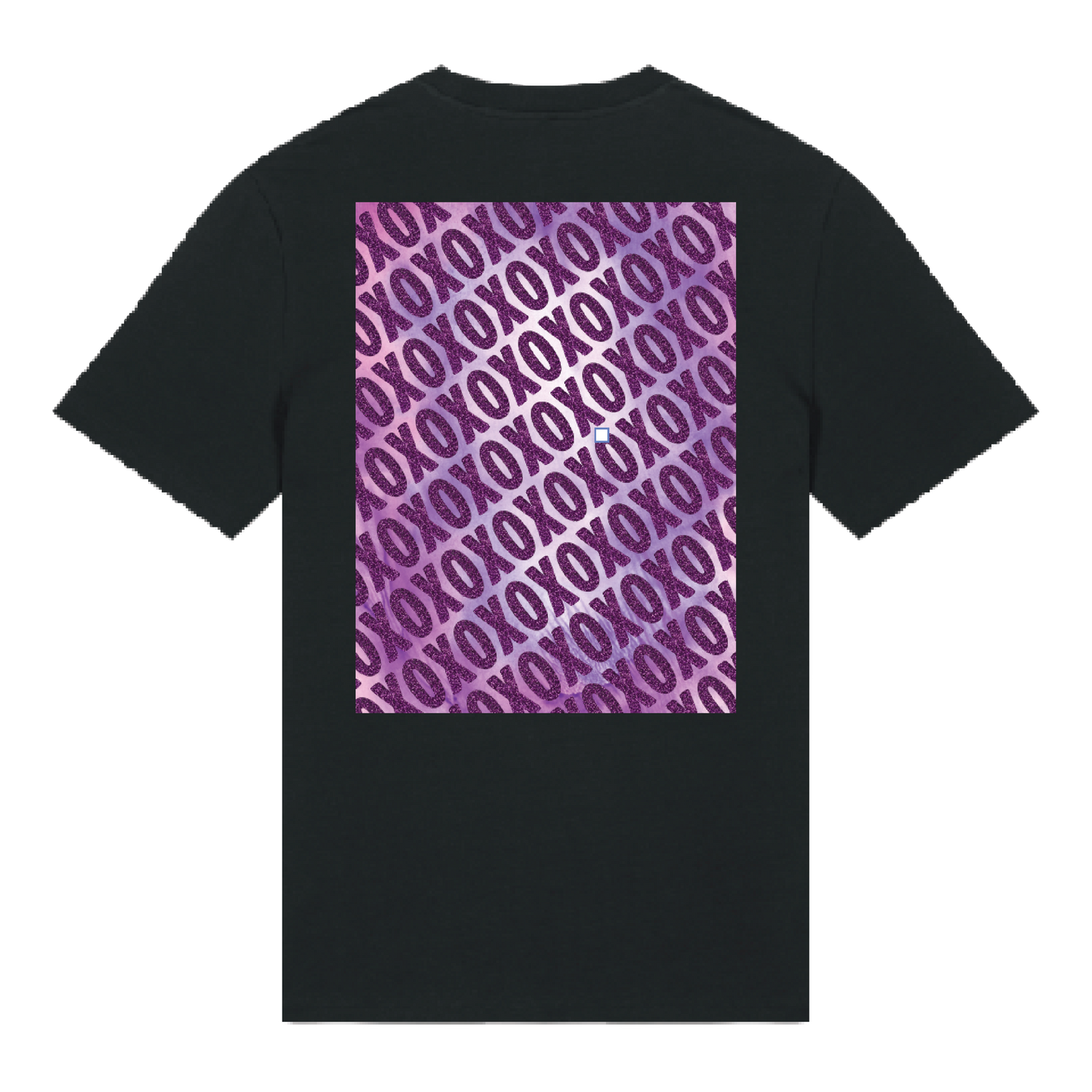 Black t-shirt with sparkly purple XO chest logo and matching geometric back print overlaid over a print, playful glitter finish