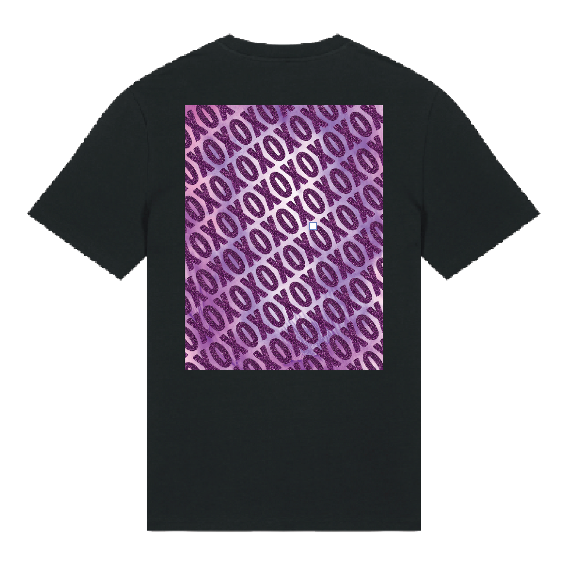 Black t-shirt with sparkly purple XO chest logo and matching geometric back print overlaid over a print, playful glitter finish