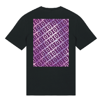 Black t-shirt with sparkly purple XO chest logo and matching geometric back print overlaid over a print, playful glitter finish