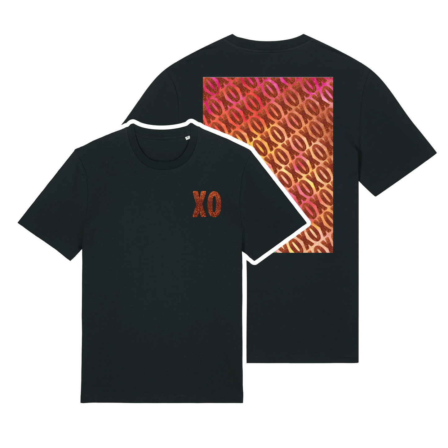 Black t-shirt with XO logo printed in glittery orange on chest and patterned print with orange glitter overlay on back, bold graphic design