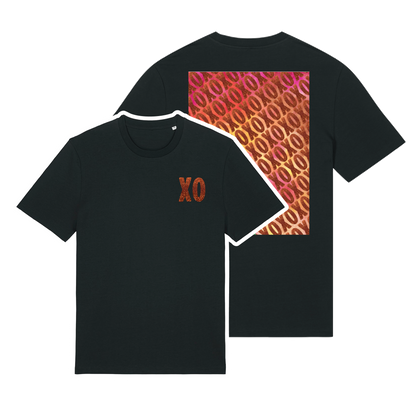 Black t-shirt with XO logo printed in glittery orange on chest and patterned print with orange glitter overlay on back, bold graphic design