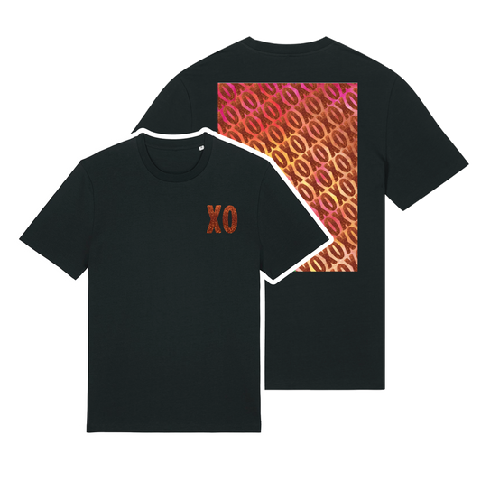 Black t-shirt with XO logo printed in glittery orange on chest and patterned print with orange glitter overlay on back, bold graphic design