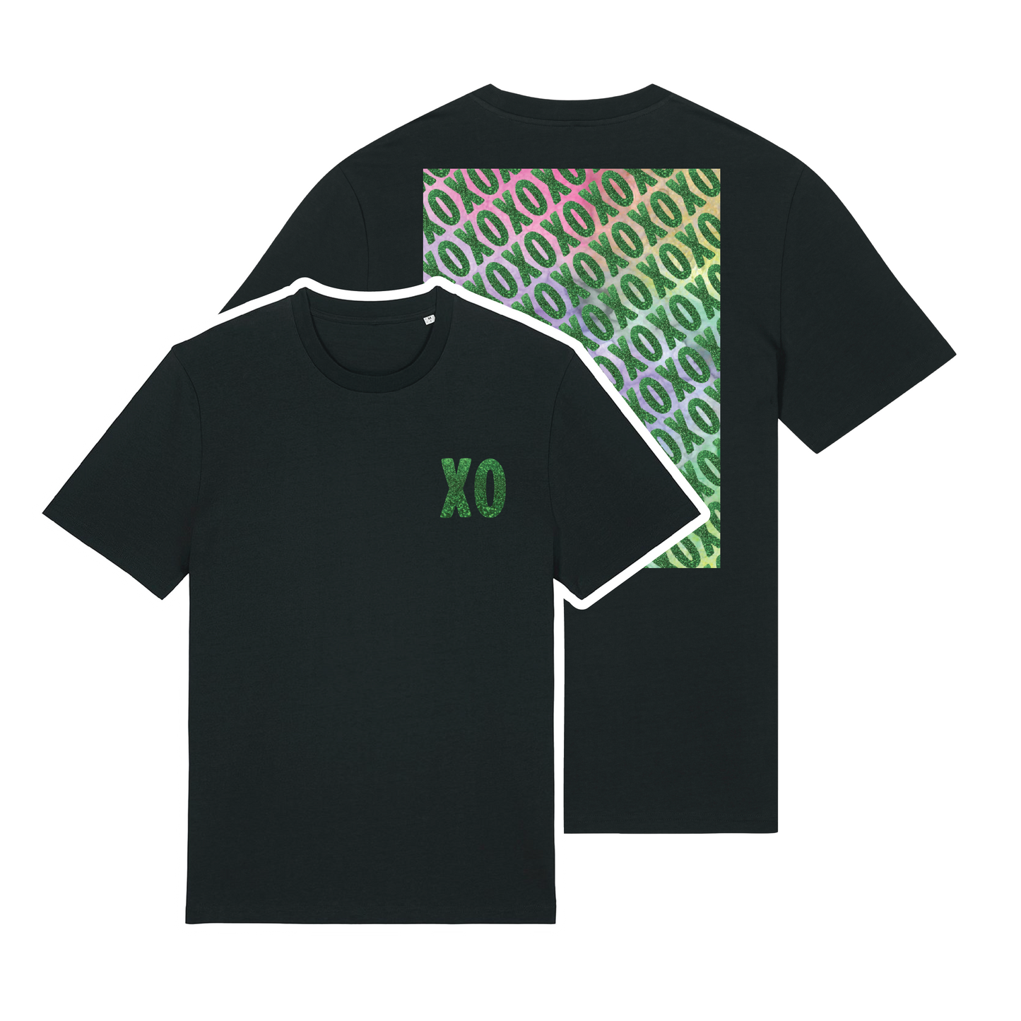 Black t-shirt with XO logo printed in glittery green on chest and patterned print with green glitter overlay on back, bold graphic design