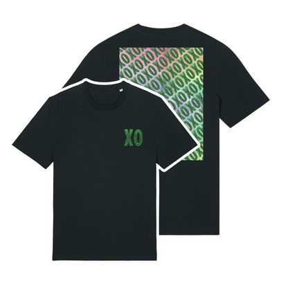 Black t-shirt with XO logo printed in glittery green on chest and patterned print with green glitter overlay on back, bold graphic design