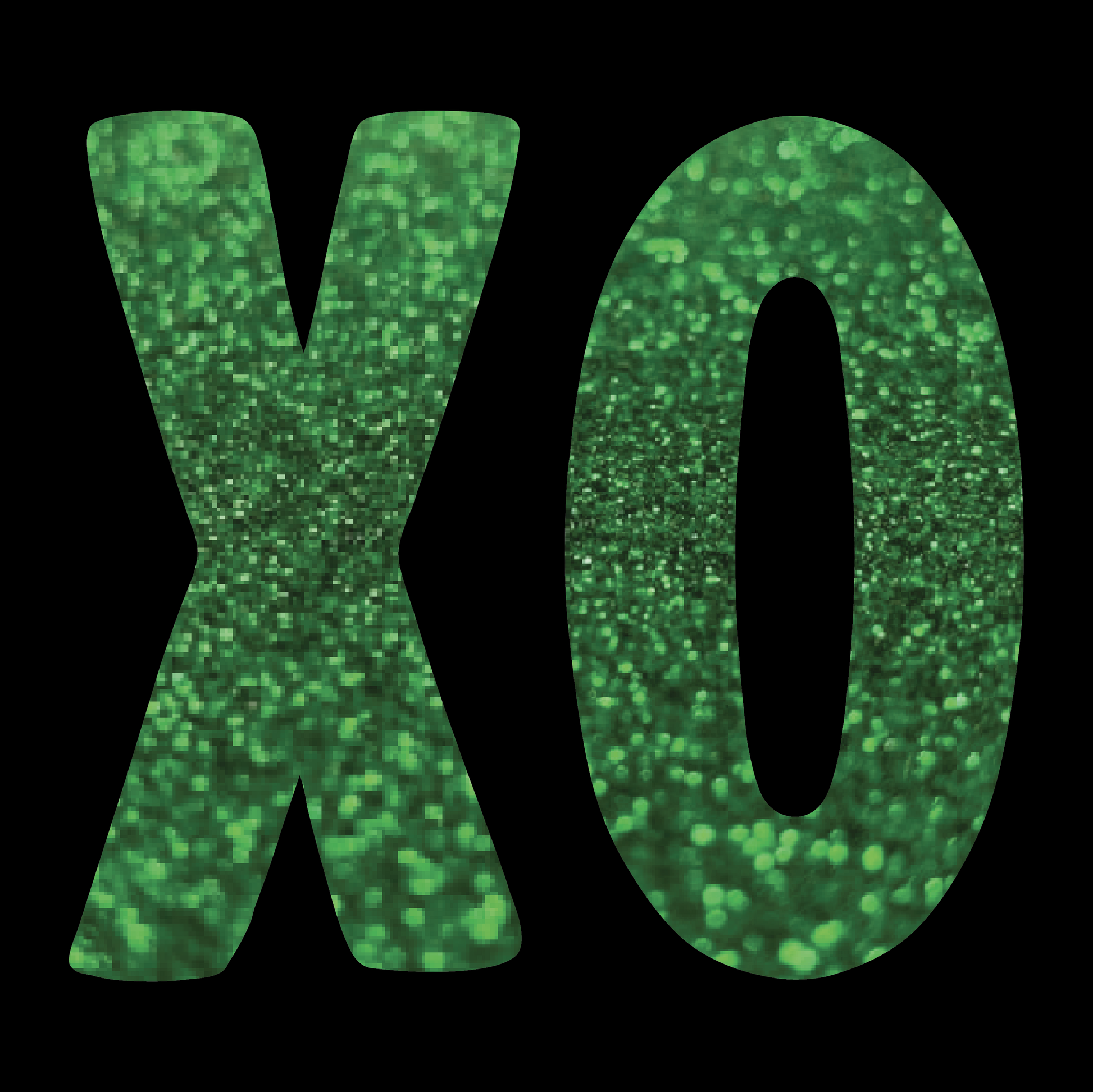 Black t-shirt with XO logo printed in glittery green on chest and patterned print with green glitter overlay on back, bold graphic design