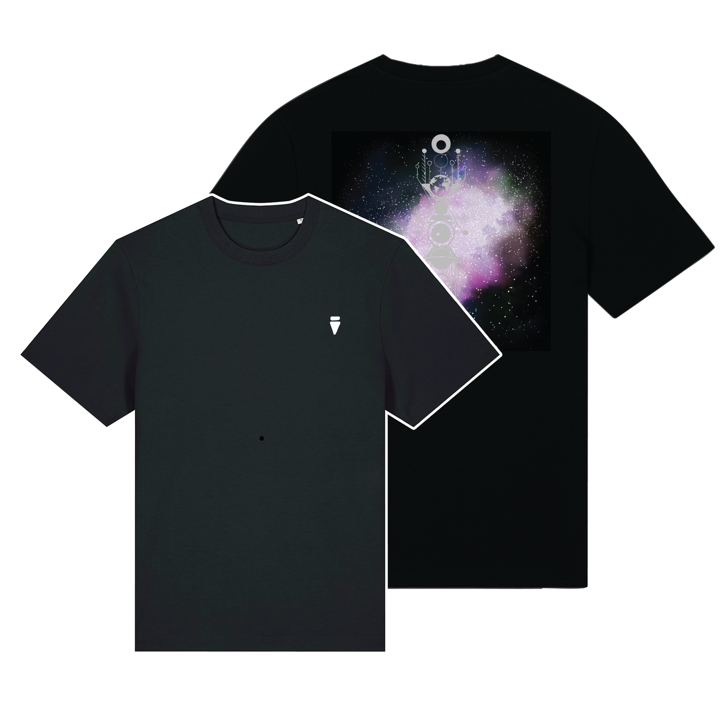 Black reflective t-shirt with multicolor Stella Whisper artwork on back with silver reflective solar detail + glow in the dark embroidery on the front , part of Vybz X THC collab