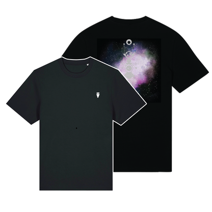 Black reflective t-shirt with multicolor Stella Whisper artwork on back with silver reflective solar detail + glow in the dark embroidery on the front , part of Vybz X THC collab