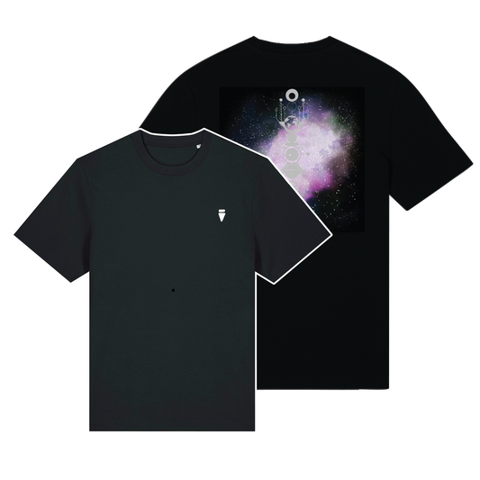 Black reflective t-shirt with multicolor Stella Whisper artwork on back with silver reflective solar detail + glow in the dark embroidery on the front , part of Vybz X THC collab