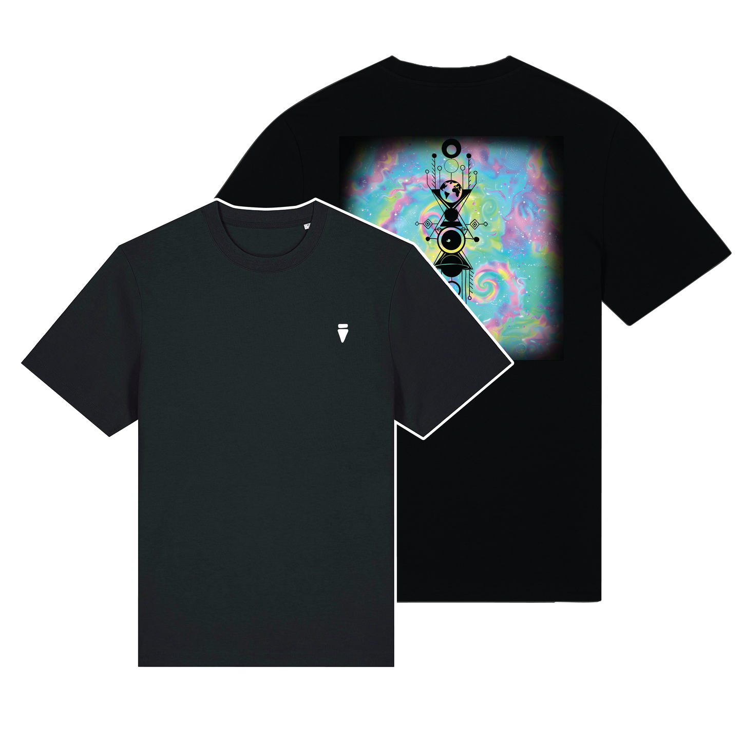Black reflective t-shirt with multicolor Cosmic Carnival artwork on back with Black reflective solar detail + glow in the dark embroidery on the front , part of Vybz X THC collab